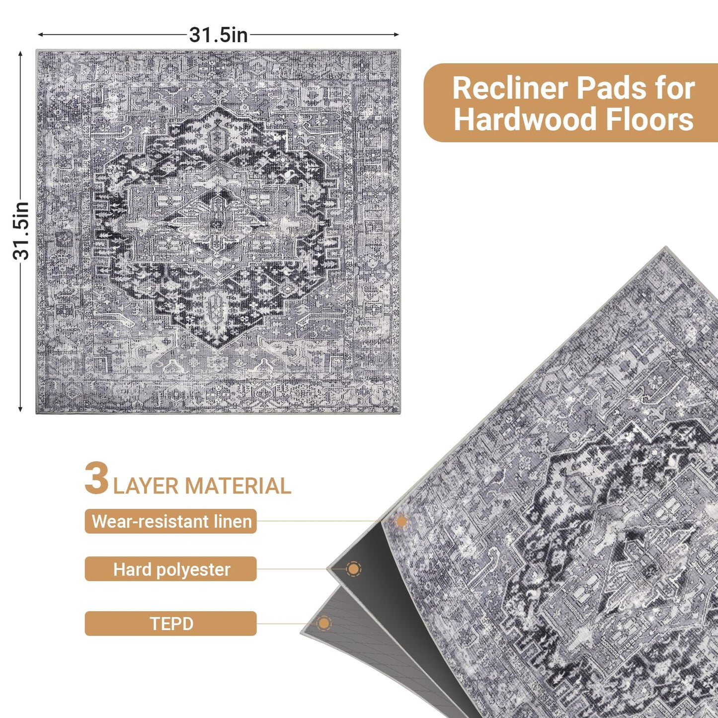Wiojtry Recliner Chair Mat, Recliner Pads for Hardwood Floors, Non Skid Rubber Furniture Gripper Pads for Recliners, 31.5inch Diameter Low Pile Heavy Duty Non Slip Multi-Purpose Desk Chair Mat Rug