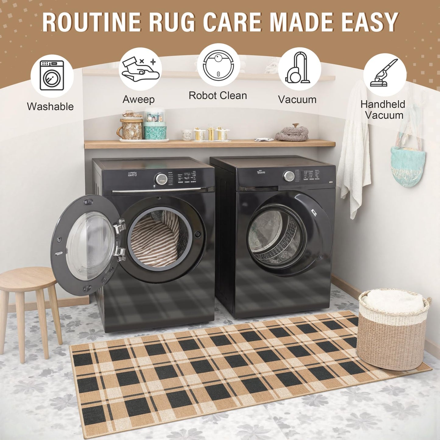 AROGAN Checkered Jute Runner Rug for Hallway, 2x6 Kitchen Runner Washable Rugs Carpet, Long Farmhouse Design Geometric Rugs for Entryway Indoor Laundry Welcome Mat 6 Ft Entry, Black and Brown
