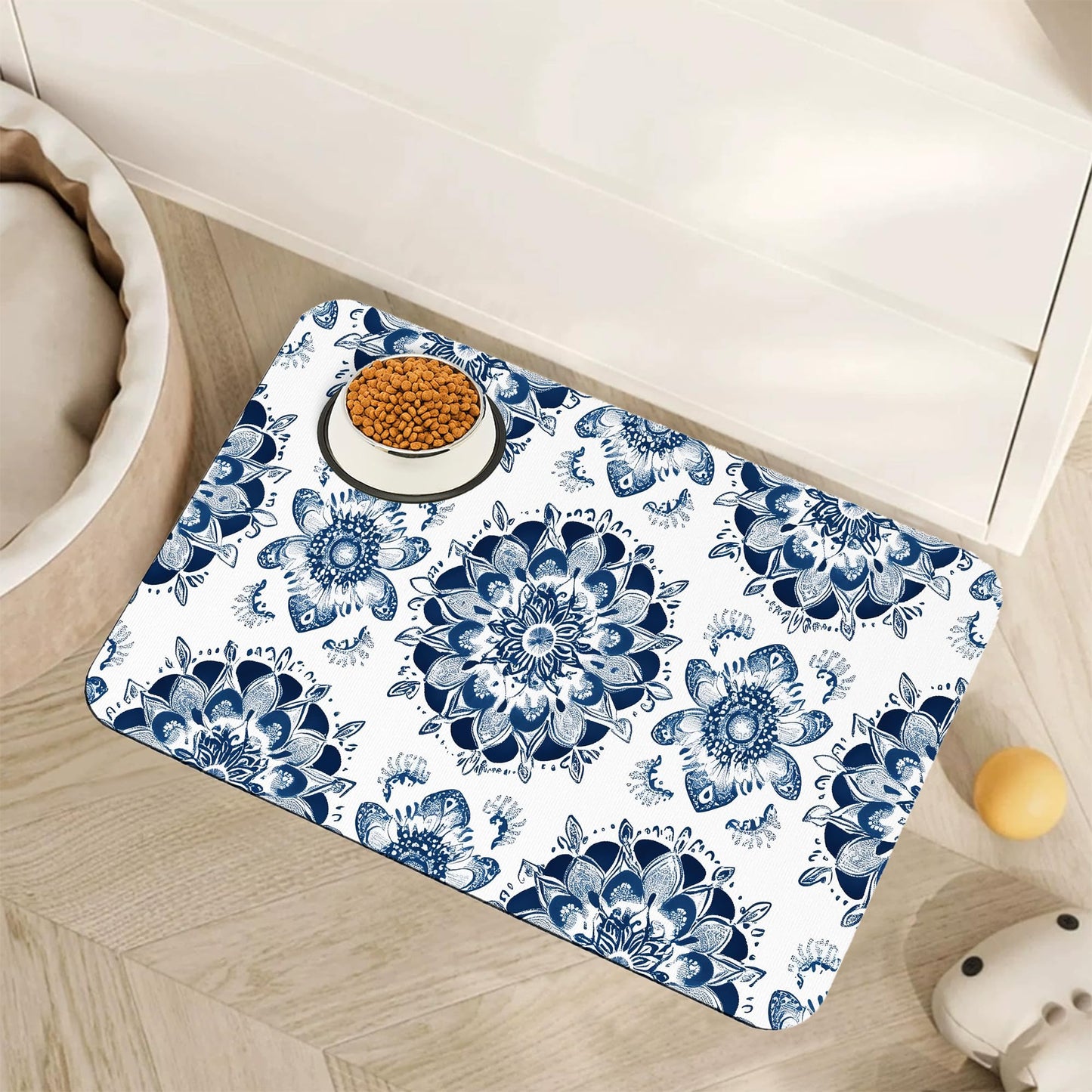 Mandala Flower Dog Food Mat for Floors,Blue Boho Floral Absorbent Quick-Dry Pet Feeding Mat,Cat Dog Bowl Mats for Food and Water,Non-Slip Pet Accessories Supplies 12"x20"