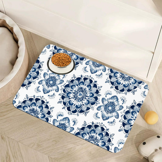 Mandala Flower Dog Food Mat for Floors,Blue Boho Floral Absorbent Quick-Dry Pet Feeding Mat,Cat Dog Bowl Mats for Food and Water,Non-Slip Pet Accessories Supplies 12"x20"