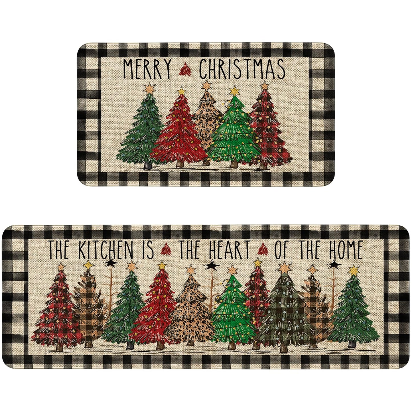 bchiijds Christmas Tree Kitchen Mat Decor, Black & White Buffalo Plaid Christmas Kitchen Rugs Set of 2 Non Slip Indoor Xmas Holiday Floor Mat Runner Rug Home Decorations