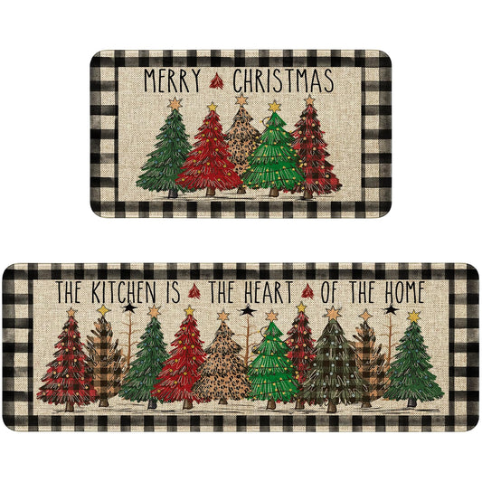 bchiijds Christmas Tree Kitchen Mat Decor, Black & White Buffalo Plaid Christmas Kitchen Rugs Set of 2 Non Slip Indoor Xmas Holiday Floor Mat Runner Rug Home Decorations