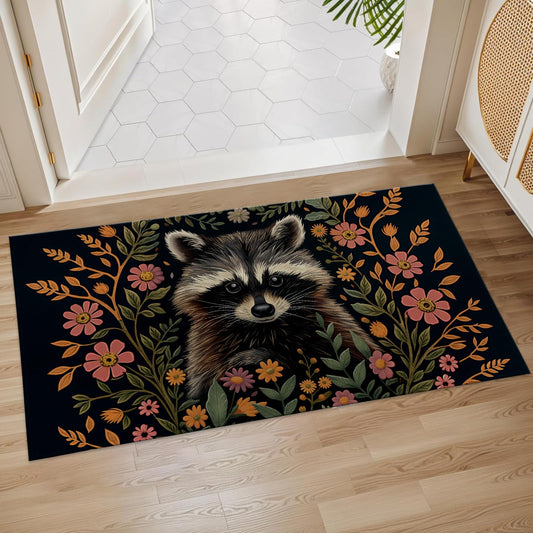Plistiz Raccoon Floral Indoor Door Mat, 17x29.5 Inch, Floor Area Rug for Entryway, Living Room, or Bathroom, Non-Slip Doormat,Raccoon Animal Design Home Decor Rug Gifts