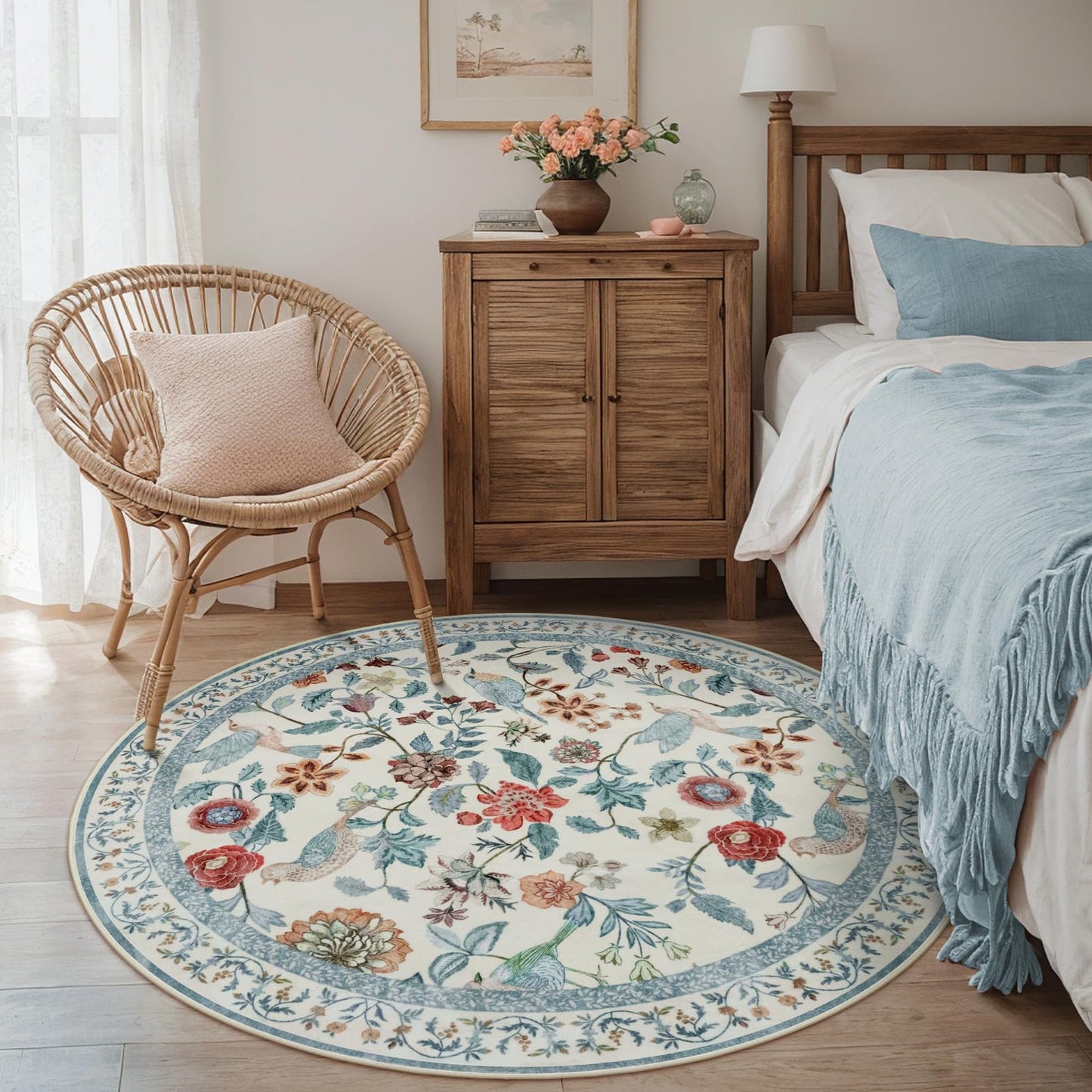 Rugalia Blue Floral Round Rugs 4ft, Washable Boho Circle Rug for Girls Bedroom, Soft Non-Slip Botanical Nursery Circular Carpet, Modern Flower Birds Throw Rug for Kids Room Living Room