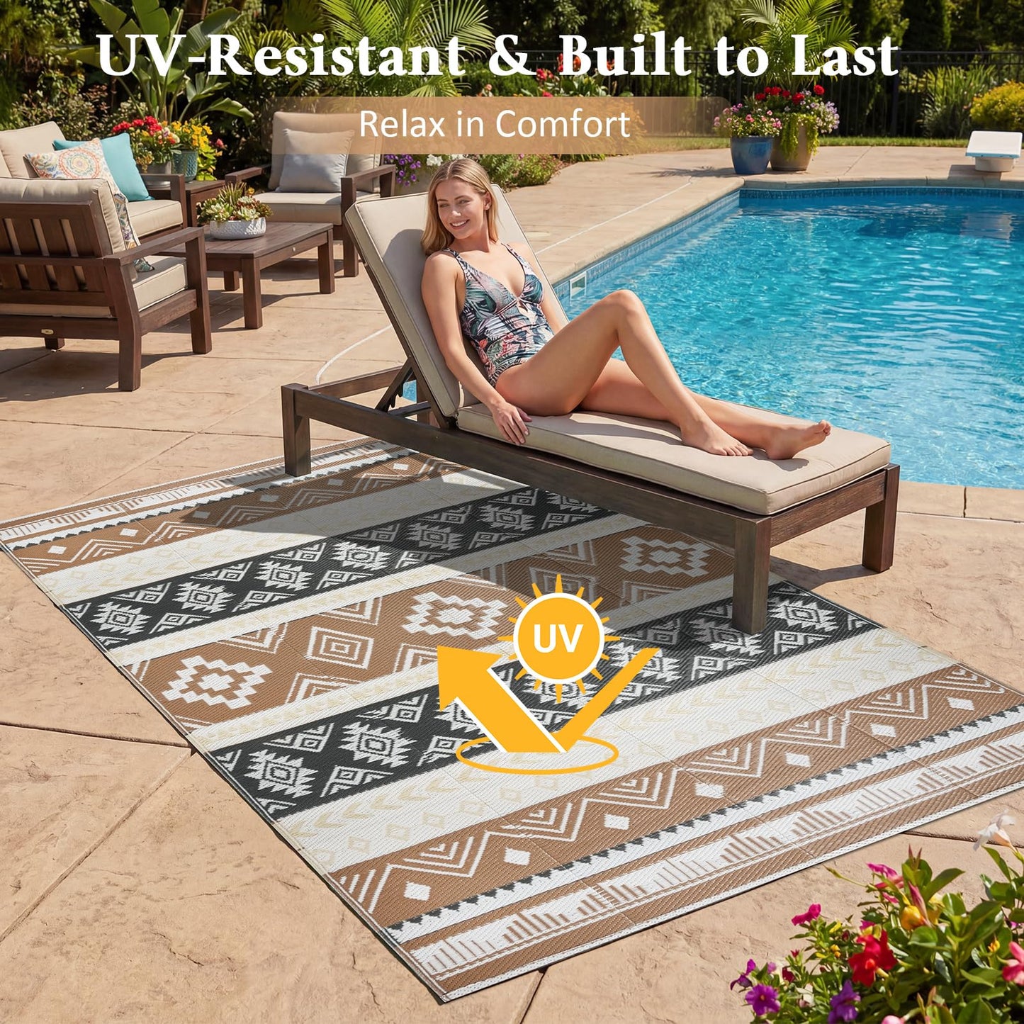 Outdoor Rug 5x8 ft Waterproof Reversible Plastic Straw Patio Camping Rug, Portable Indoor Outdoor RV Mat Carpet for Deck, Camper, Porch, Balcony, Backyard, Picnic, Brown