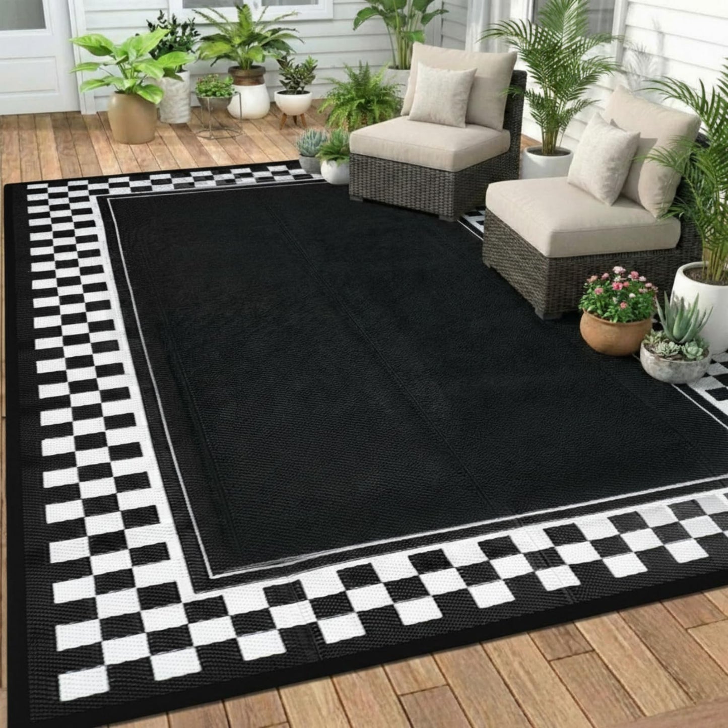 Dunzy Checkered Outdoor Patio Rug, 5 x 8 ft Non-Slip Plastic Straw Checkered Carpet Indoor Outdoor Area Mat for Outside Rv Camping Deck Pool Beach Porch Backyard(Black, Cream White)