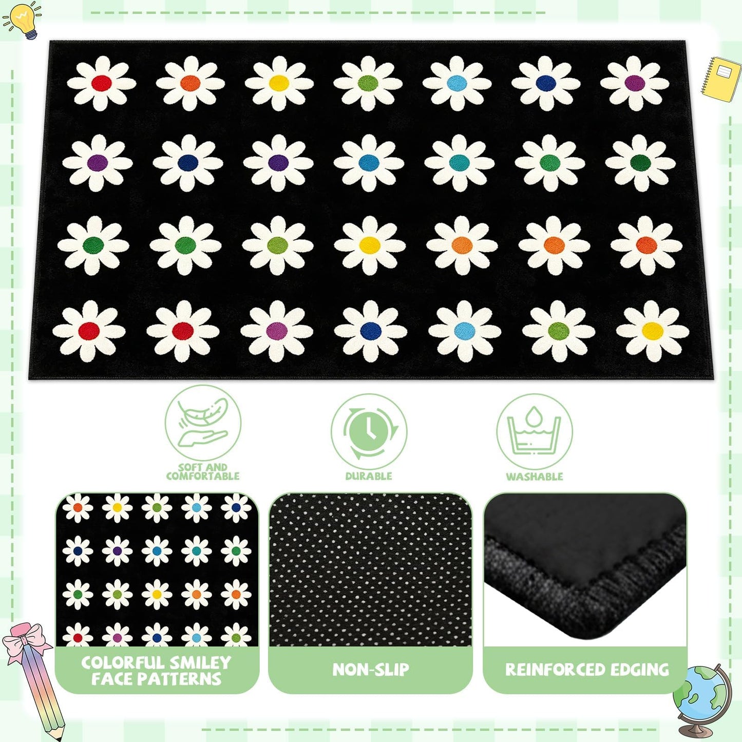 7.6x12 ft Large Daisies on Black Classroom Rug Daisy Educational Area Mat Daisy Flowers Multicolor Play Carpet Educational Classroom Learning Mat for Preschool Playroom Elementary Kindergarten(Black)