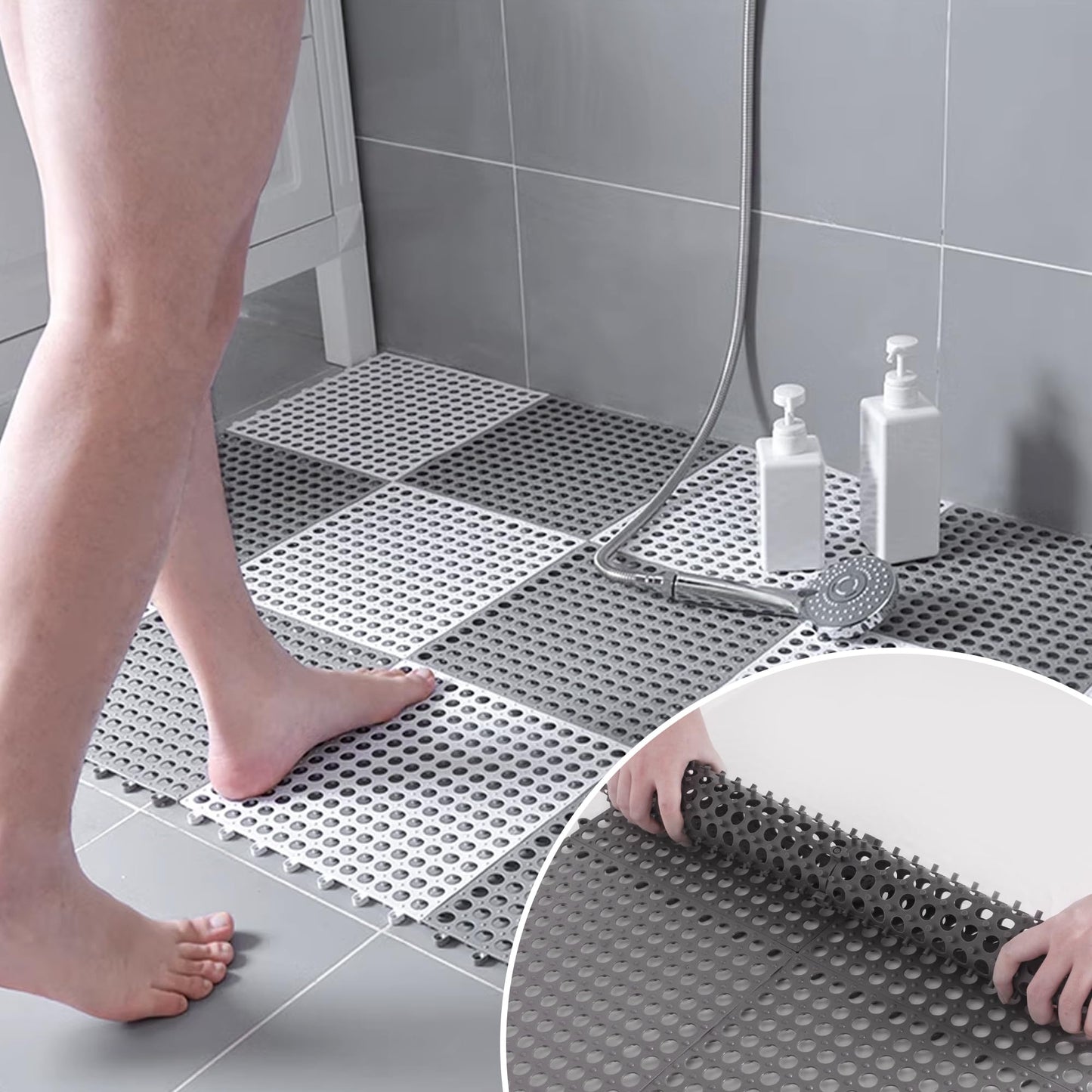 12 Pack 11.8" x 11.8" Interlocking Floor Tiles with Drain Holes Soft PVC Non Slip Shower Floor Mat Modular Interlocking Cushion Mat for Drain, Pool, Patio, Balcony, Kennel, Poultry, Floor Grid, Grey