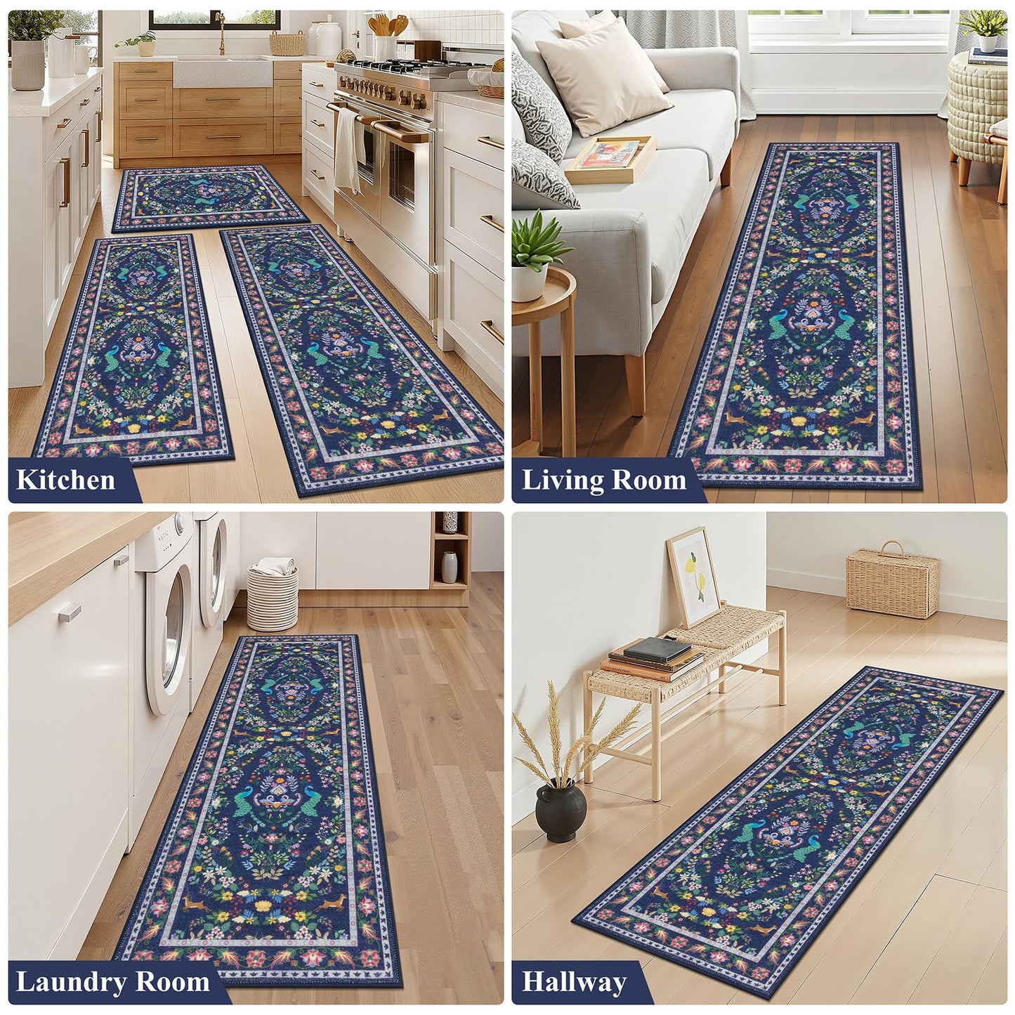 HEBE Washable Kitchen Rugs Sets of 3, Non Slip Absorbent Kitchen Rugs and Mats, Farmhouse Stain Resistant Kitchen Mat Carpet Runner for Kitchen Floor, Laundry Room, Hallway