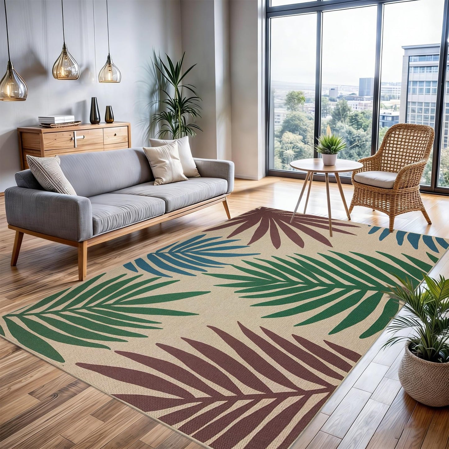 USTIDE Palm Leaf Design for Patio Rug 4'X6' Tropical Indoor Outdoor Rug for Living Room Dining Room Entryway Carpet Farmhouse Washable Non Slip Floor Mat for Covered Courtyard Porch Balcony