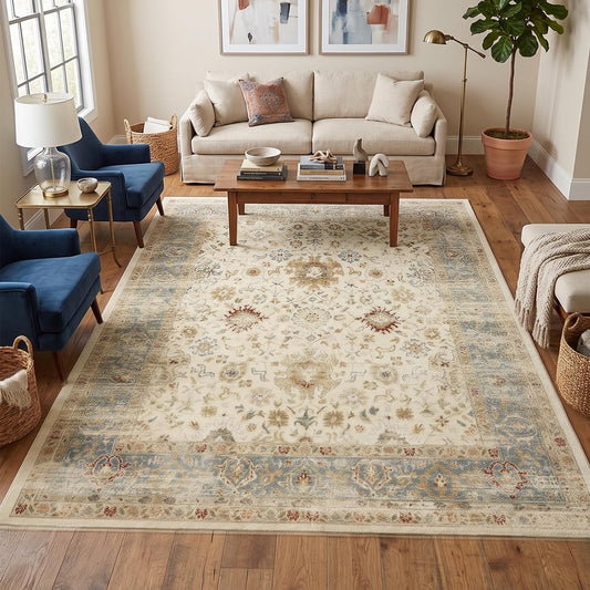 8x10 Feet Washable Vintage Bohemian Floral Area Rug - Non-Slip Foldable Floor Mat for Living Room, Bedroom, Dining Room, Kids Room, Office, Farmhouse Decor Carpet(Beige and Blue)