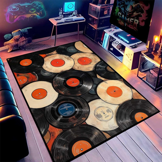 Music Record Vintage Area Rug, Music Record Area Rug, Vinyl Records Rugs, Musical Note Rugs, Low Pile Washable Musical Carpet for Bedroom, Apartment, Studio (4' x 6' (Rectangular))