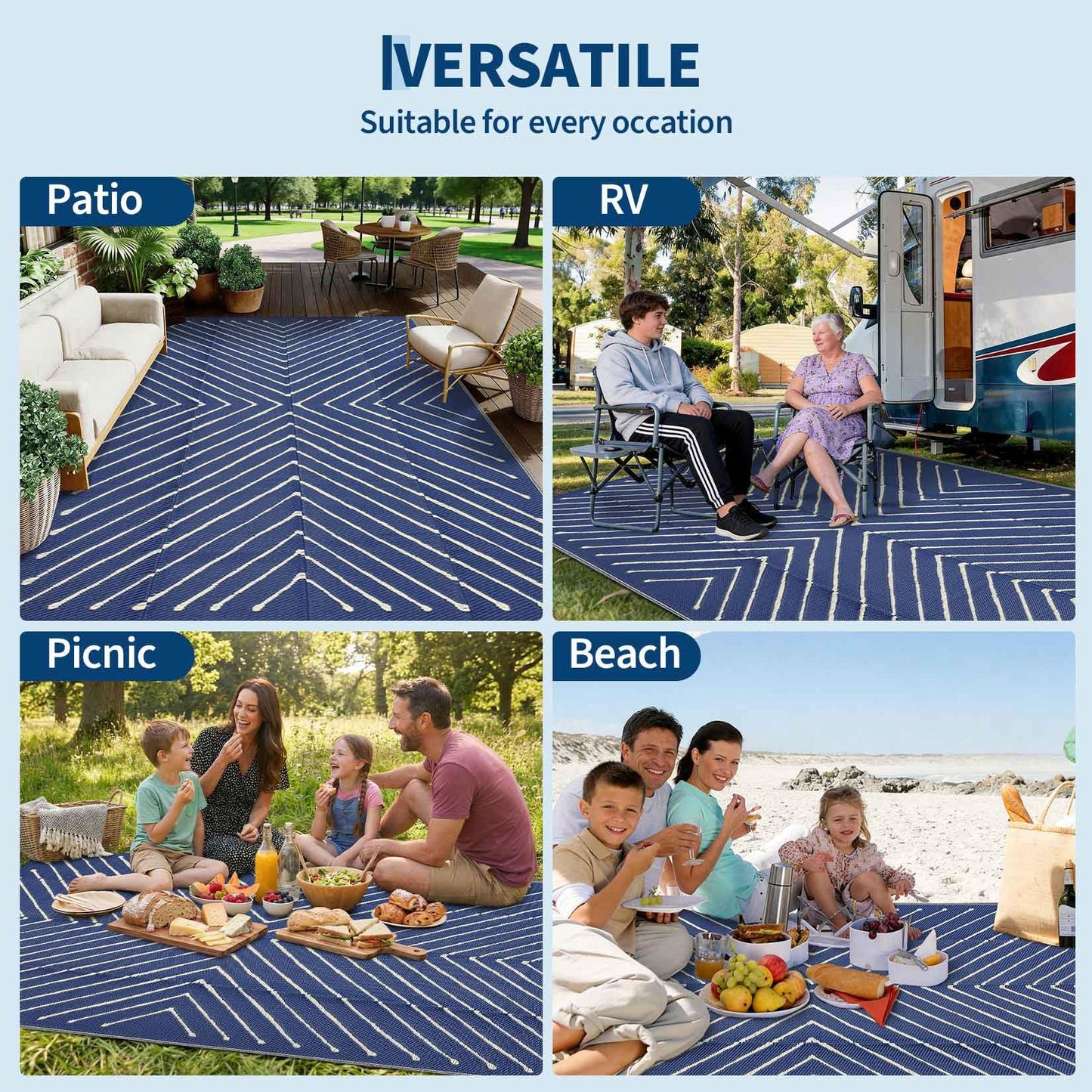 Garvee Striped 5x8 Outdoor Rug Waterproof Reversible Patio Mat, Portable Lightweight Plastic Straw Camping Rug for RV, Balcony, Backyard, Porch, Beach, Picnic, UV Protected & Easy Clean, Navy & White