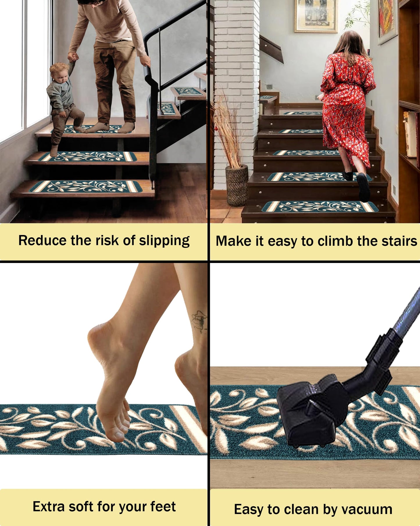 Gloria Non Slip Rubber Back Pet Friendly Floral Design Carpet Stair Treads Stairway mats (13, Greenish Teal)