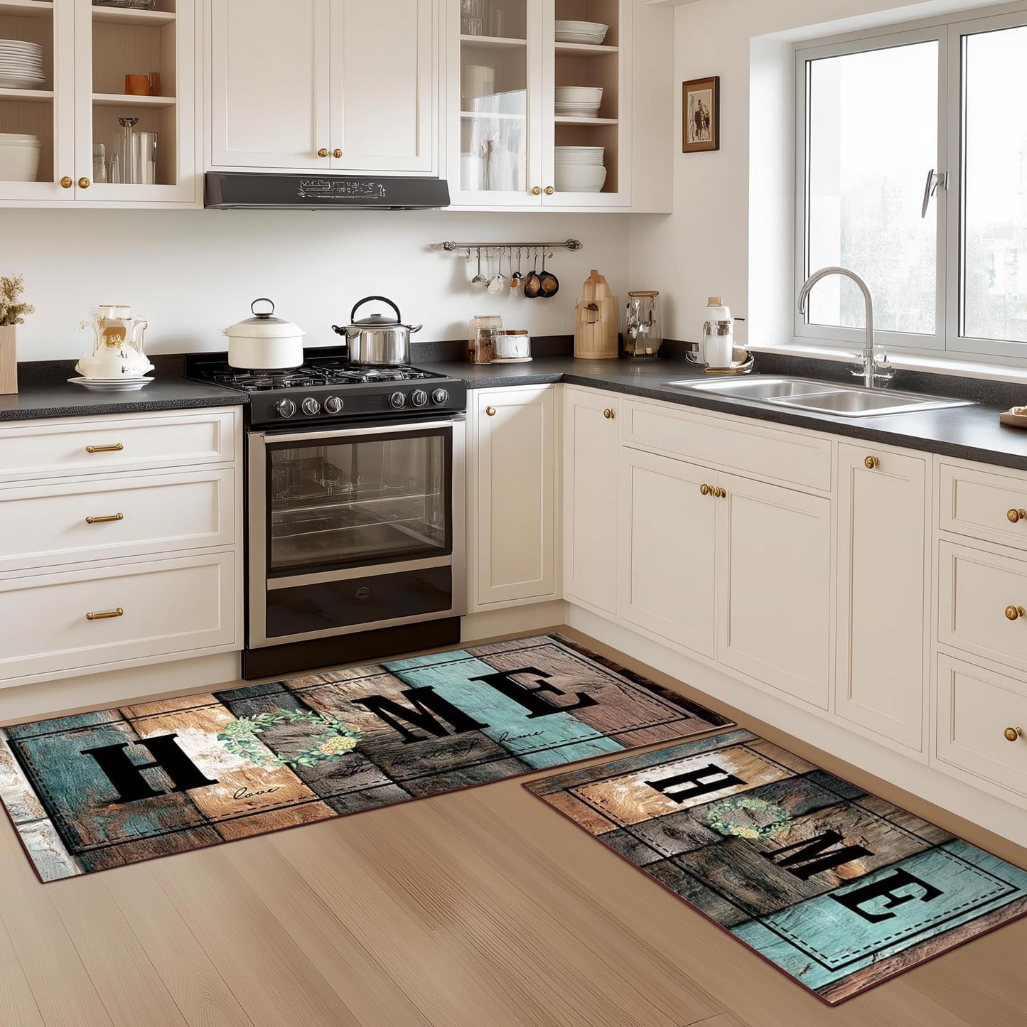 Tritard 100% Non Slip Kitchen Rugs Sets of 3 Farmhouse Washable Kitchen Mats for Floor Non-Skid Kitchen Runner Rug Soft Rustic Kitchen Floor Carpet for Hallway, Laundry, Sink, Office, Rustic