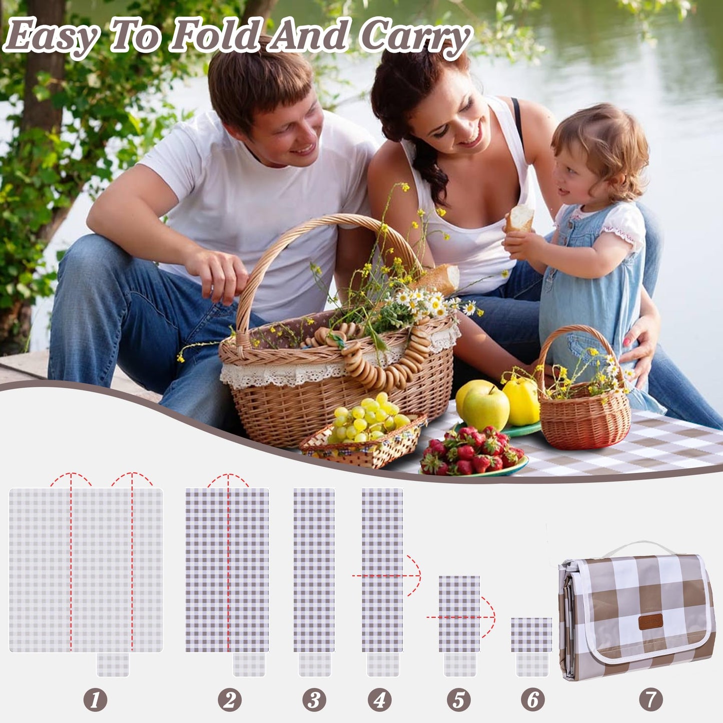 ALLBFENG 80"x60" Waterproof Sandproof Picnic Mat - Portable Foldable Outdoor Blanket for Beach, Park, Travel & Indoor Use - Lightweight Compact Design, Easy-Carry (Light Brown)