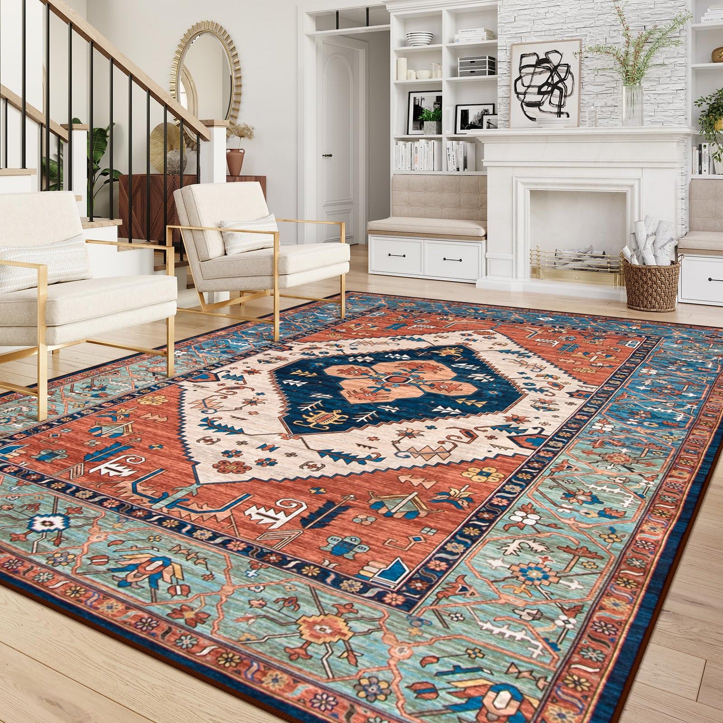 Lahome Area Rugs 9x12 Living Room - Boho Non-Slip Washable Rug Ultra-Thin Stain Resistant Large Carpet Throw Non Shedding Dining Room Mat, Oriental Print Carpet for Bedroom Adelyn (Rust, 9'x12')