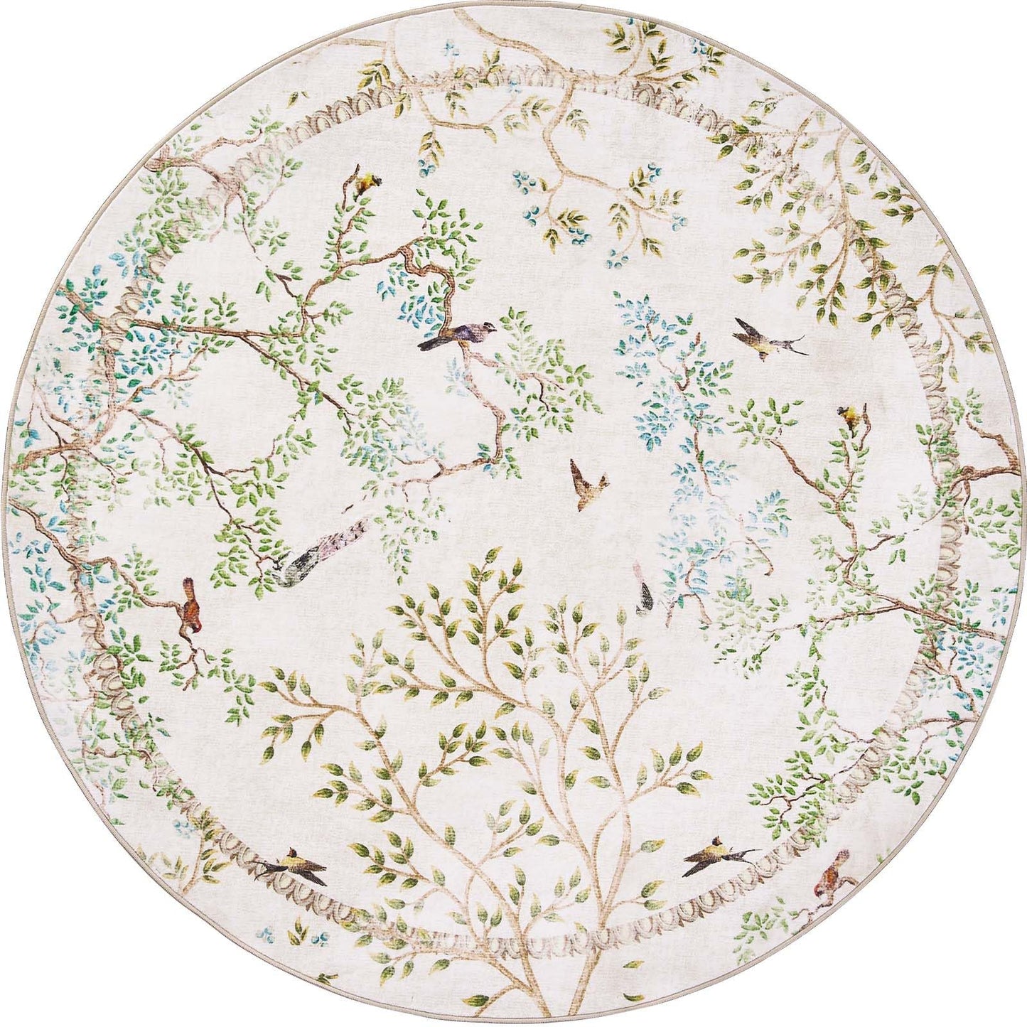 jinchan Yarden Round Rug 8ft, Vintage Distressed Botanical Birds Print Rug, Machine Washable Ultra Thin Low Pile Non Slip Area Rug, Ivory Circle Rug for Living Room Bedroom