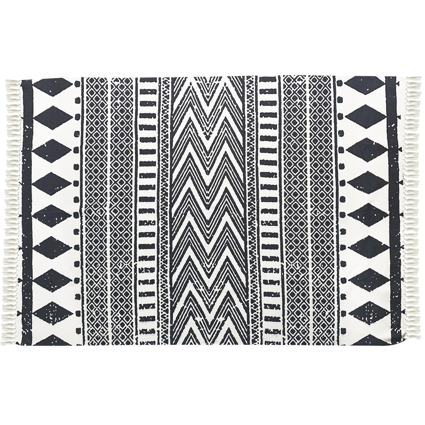 USTIDE Ultra Large Boho Area Rug Large Hand Woven Black and White Cotton Rugs with Tassels Printed Geometric Tribal Rug for Living Room, Bedroom, Laundry Room, Entryway （63x90Inches）