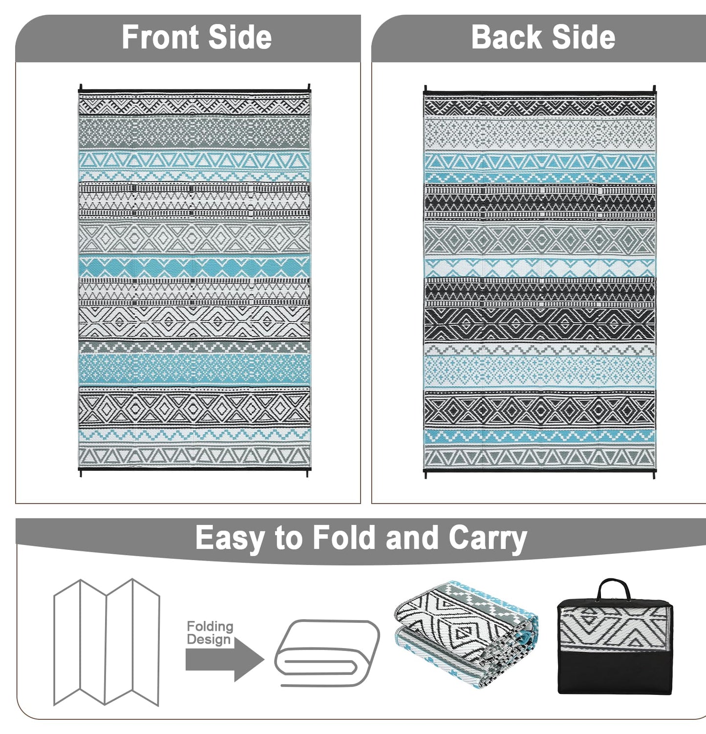 GlowSol Outdoor Rugs 9x12 Waterproof Portable Camping Carpet, Reversible Outdoor Plastic Straw Rug for Patio, RV Mat Bohemian Outdoor Rugs for Porch, Deck, Backyard, Balcony, Picnic,Blue/Grey