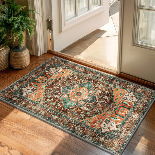 Yamaziot Washable Area Rug, 2x3 Small Entryway Rug Non-Slip Boho Vintage Rug with Rubber Backing, Polyester Soft Distressed Floor Carpet for Indoor Door Mat, Kitchen, Laundry Bathroom