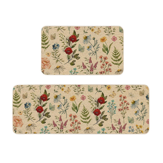 Moutina Wildflower Floral Kitchen Rugs Set of 2, Spring Summer Home Decor Low-Profile Kitchen Mats for Floor - 17x29 and 17x47 Inch