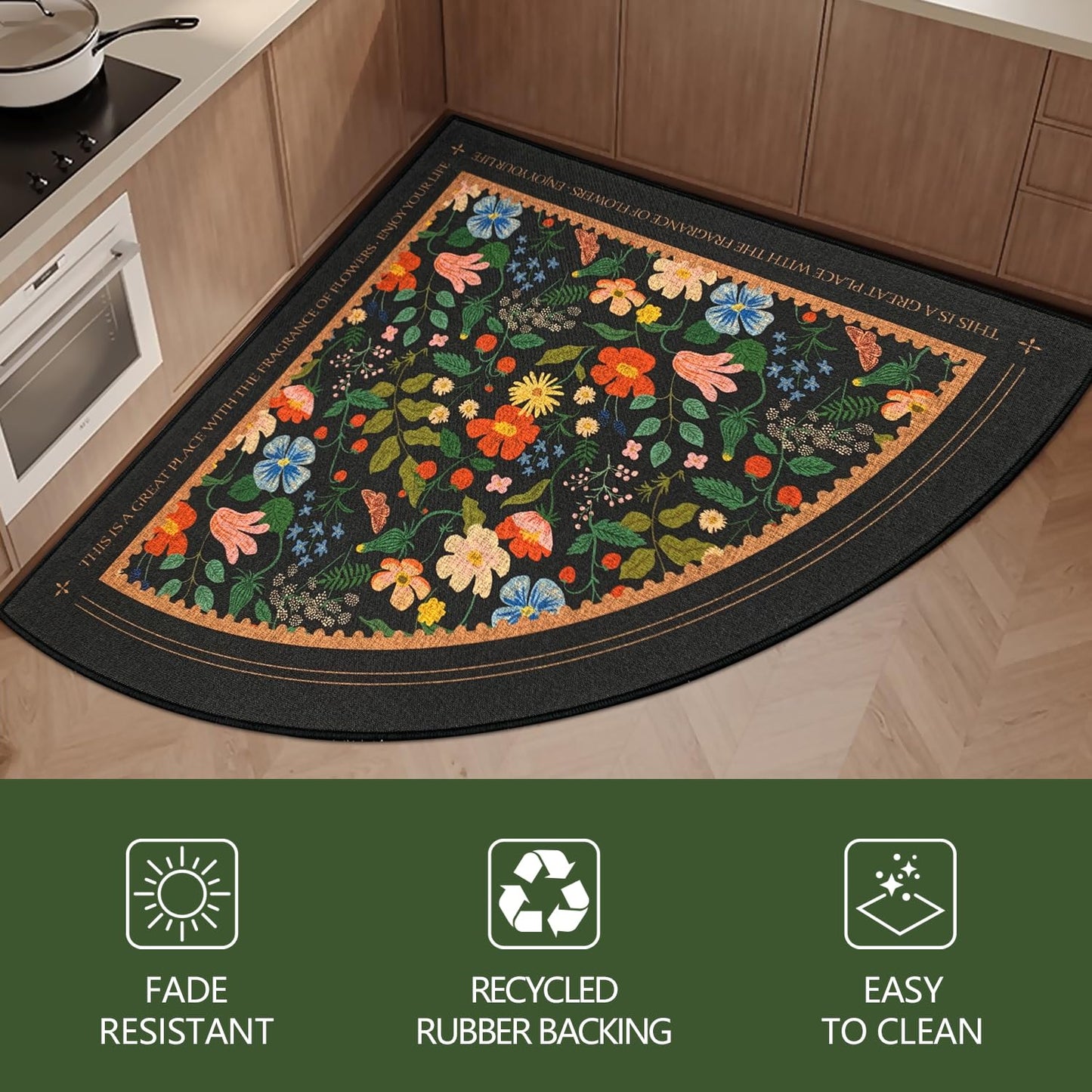 SHIYUE Triangle Corner Rug Kitchen Rugs Washable Non Slip Area Rug Water, Comfort Soft Rubber Standing Sink Mat Bathroom and Bedroom Laundry Mat(32in Flower Park)