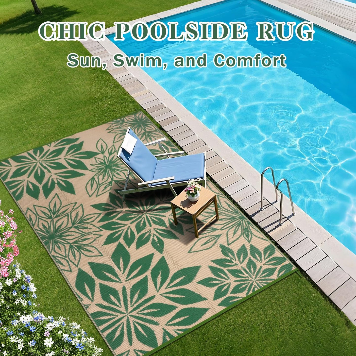 TUKDAK Waterproof Outdoor Rugs 5x8, Green Outdoor Plastic Straw Rug Double-Sided, Fade Resistant Patio Rug, Easy Cleaning RV Camping Mats Outside Carpet Portable for Balcony Porch Garden Deck Picnic