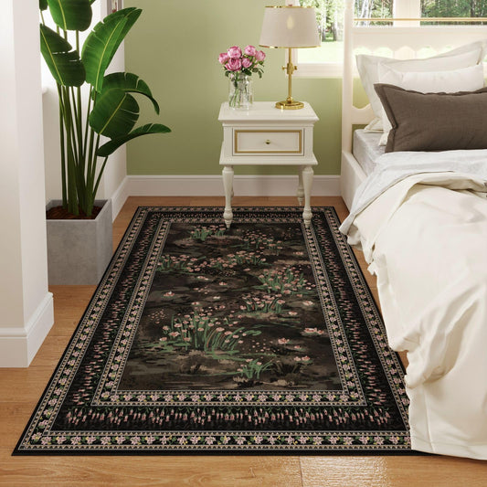 Rugcomf 3x5 Washable Rug Impressionist-Style Vintage Non Slip Low Pile Small Carpet for Bedroom Bedside Kitchen Entryway Kids Room Office College Dorm Essentials for Girls, Black