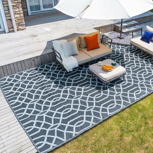 wikiwiki Outdoor Rug, 5x8ft Waterproof Reversible Mat Indoor Outdoor Rugs Carpet, Small Area Rug Plastic Straw Rug for Patio Deck Balcony Pool RV Camping Beach Picnic, Grey, Rugscape Series