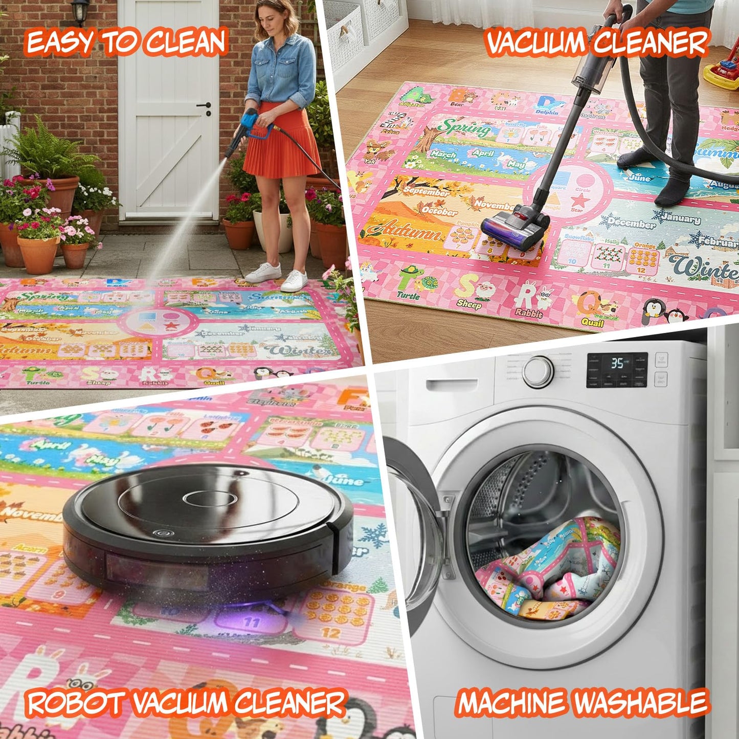 Auetwyona Kids Playroom Rug 4' x 6'- Educational Alphabet ABC Mat with Animals,Seasons & Numbers | Pink Classroom Rug & Playroom Essential Fun Play Mat Washable Kids Area Rug for Girls Bedroom