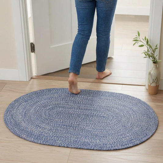 Super Area Rugs Oval Braided Rugs for Kitchen - Cotton Braided Rug 2x3 - Oval Soft Bathroom Throw Rugs, Woven Rug for Bedside, Blue & White