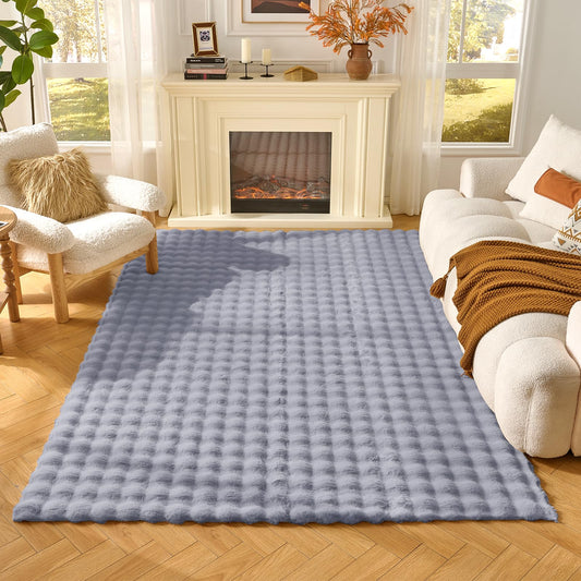Lotus Karen Washable Area Rug, 3D Bubble Rug for Living Room, Bedroom, Faux Fur Carpet for Home Decor,4' W × 6' L, Light Grey