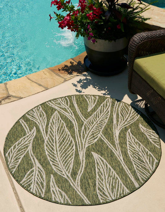 Unique Loom Outdoor Botanical Collection Area Rug - Leaf (5' 3" Round Green/Ivory)