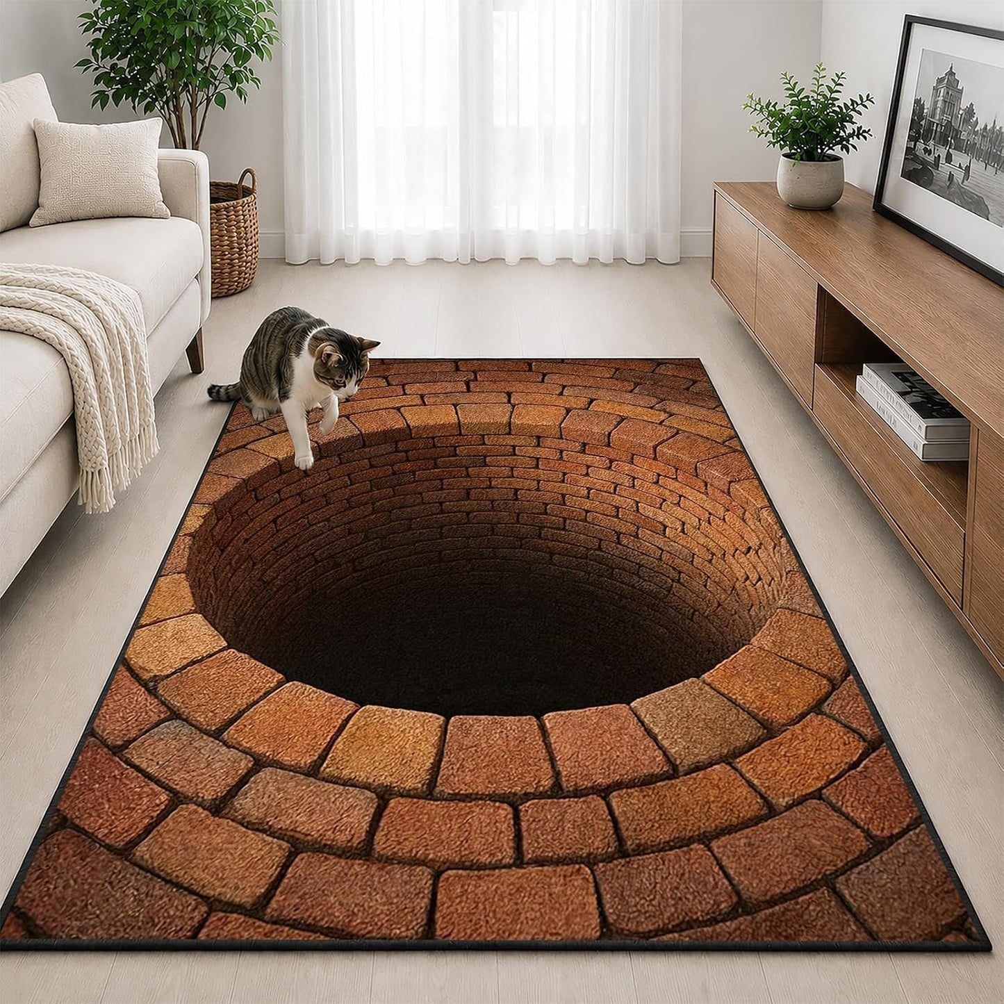 CASAVAINE 3D Optical Illusion Vortex Rug 5'x7' Realistic Brick Well Hole Design, Soft Non-Slip Washable Area Rug for Living Room, Bedroom, Game Room Decor, Fun Modern Decor