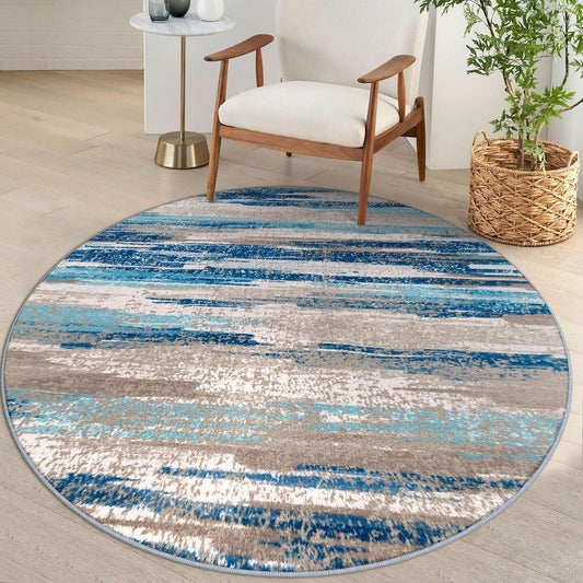 Lansny Modern Abstract Round Rug 5Ft, Blue Round Rug Washable Non-Slip Soft Small Circle Rug, Circular Dining Room Rugs Thin Print Faux Wool Carpet for Bedroom Living Room Office Playroom