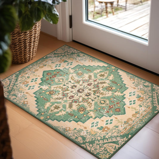 Ashler 2x3 Vintage Entryway Rugs, Ultra-Thin Boho Rugs for Entryway, Bedroom, Kitchen, Green/Beige Home Decor, Low-Pile Non-Slip & Machine Washable Rugs, Moroccan Small Carpet Decoration