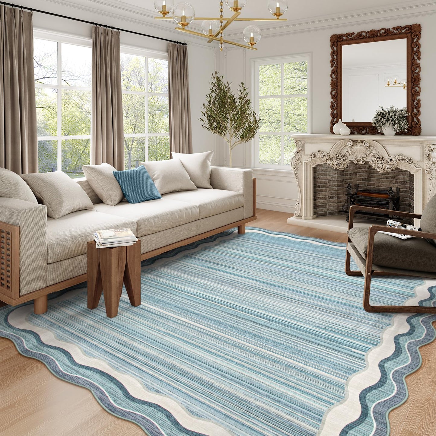 Lahome Estelle Scalloped Modern Washable Rugs 5x7, Blue Rugs for Bedroom Soft Living Room Rug, Abstract Minimalist Non Slip Low Pile Throw Carpet for Dining Room Home Office (Blue,5x7)