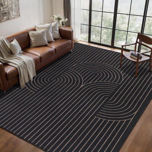 Tangsoo Modern Easy Jute 5x7 Area Rug for Living Room,Black Thin Washable Rug Non Slip Rubber Backing Indoor Outdoor Carpet,Farmhouse Throw Mat for Office Bedroom Backyard