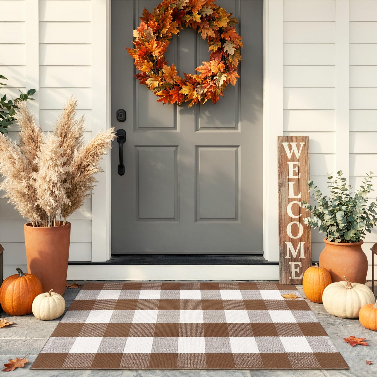 LEEVAN Buffalo Plaid Outdoor Rug, Earthy Tones Washable Checkered Front Porch Rug, 27.5x43 Inch Brown and White Cotton Woven Farmhouse Decor Layered Door Mats for Entryway/Kitchen/Bedroom