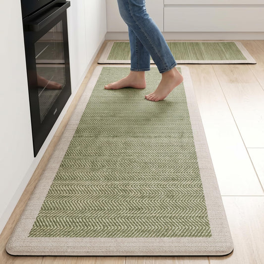 VivaNest Sage Green Vintage Boho Elegance Kitchen Rug Sets [2 PCs], Anti-Fatigue, Waterproof Non-Slip Kitchen Mats Heavy Duty Comfort Foam Rug for Kitchen, Floor, Laundry,17"x29"+17"x47"