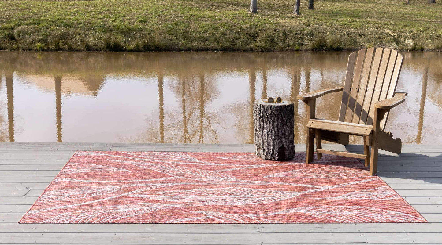 Unique Loom Outdoor Botanical Collection Area Rug - Leaf (8' x 11' 4" Rectangle, Rust Red/ Gray)