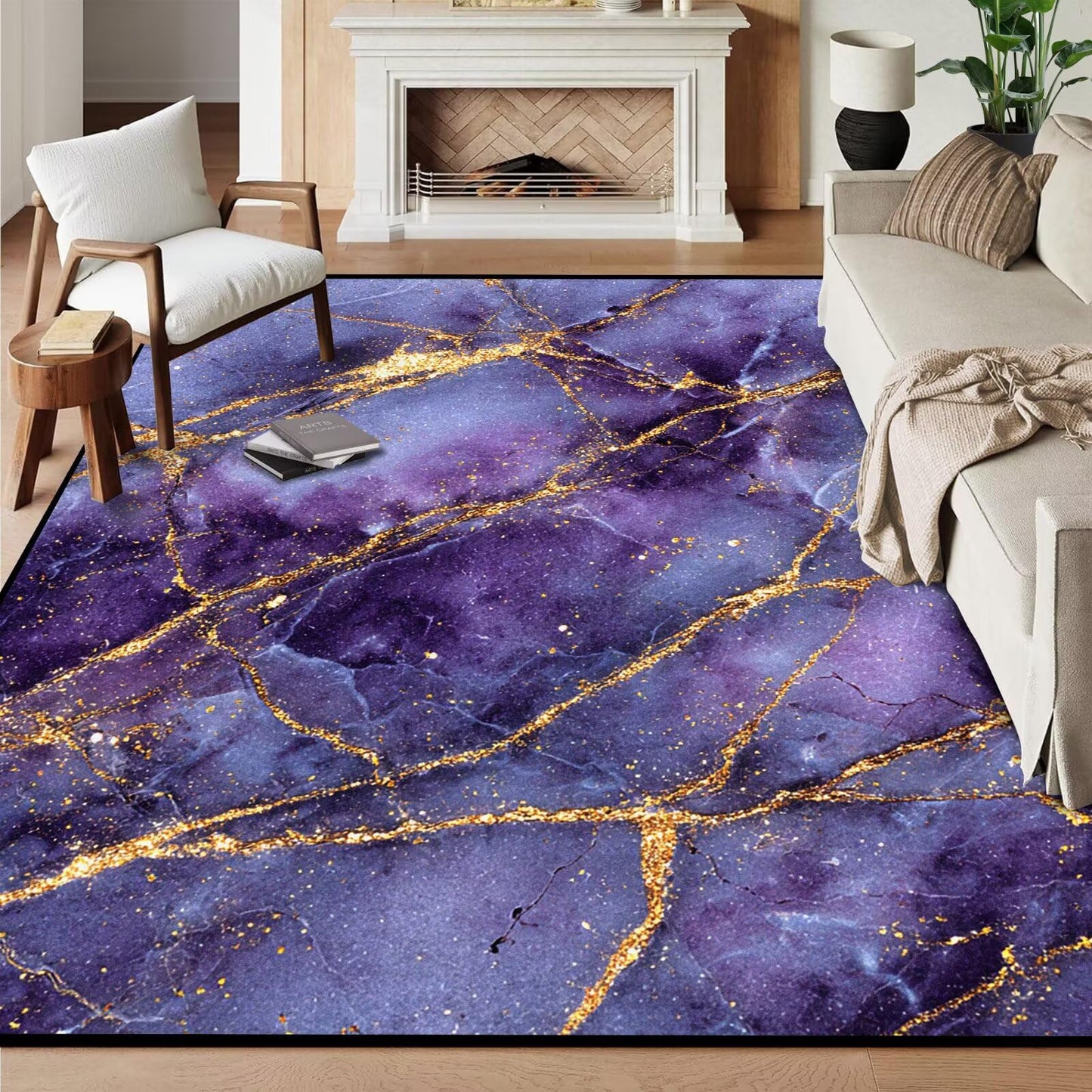 FUYEUN 6' x 9' Marble Area Rugs Morden Abstract Large Floor Throw Rug for Bedroom Dining Living Room Dorm Throw Carpet Doormat Home Decor Washable, 70" x 108", Purple and Gold