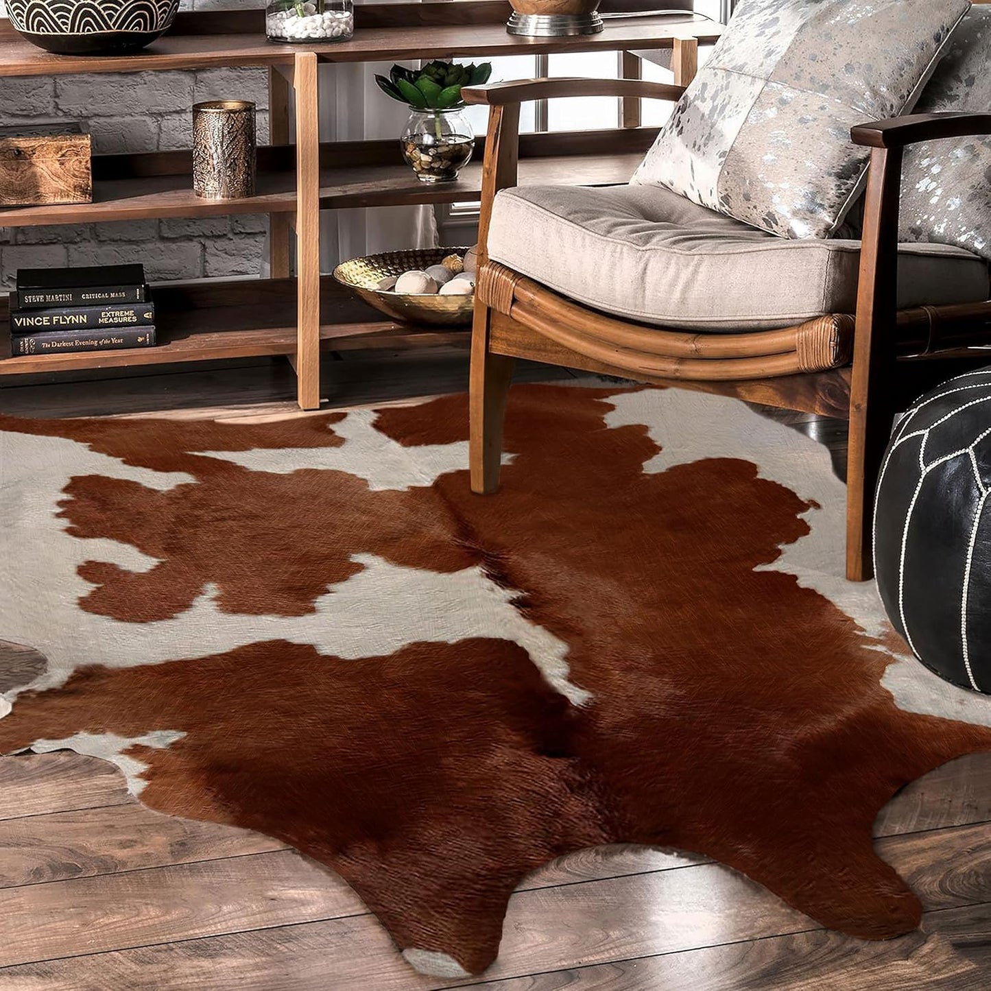 URBAN BUCK Brown & White Cowhide Area Rug Natural Premium Quality Cow Skin Hair On Leather Rug for Bedroom Décor 5ft x 5ft (60Inch x 60Inch, 152.4CM x 152.4CM)