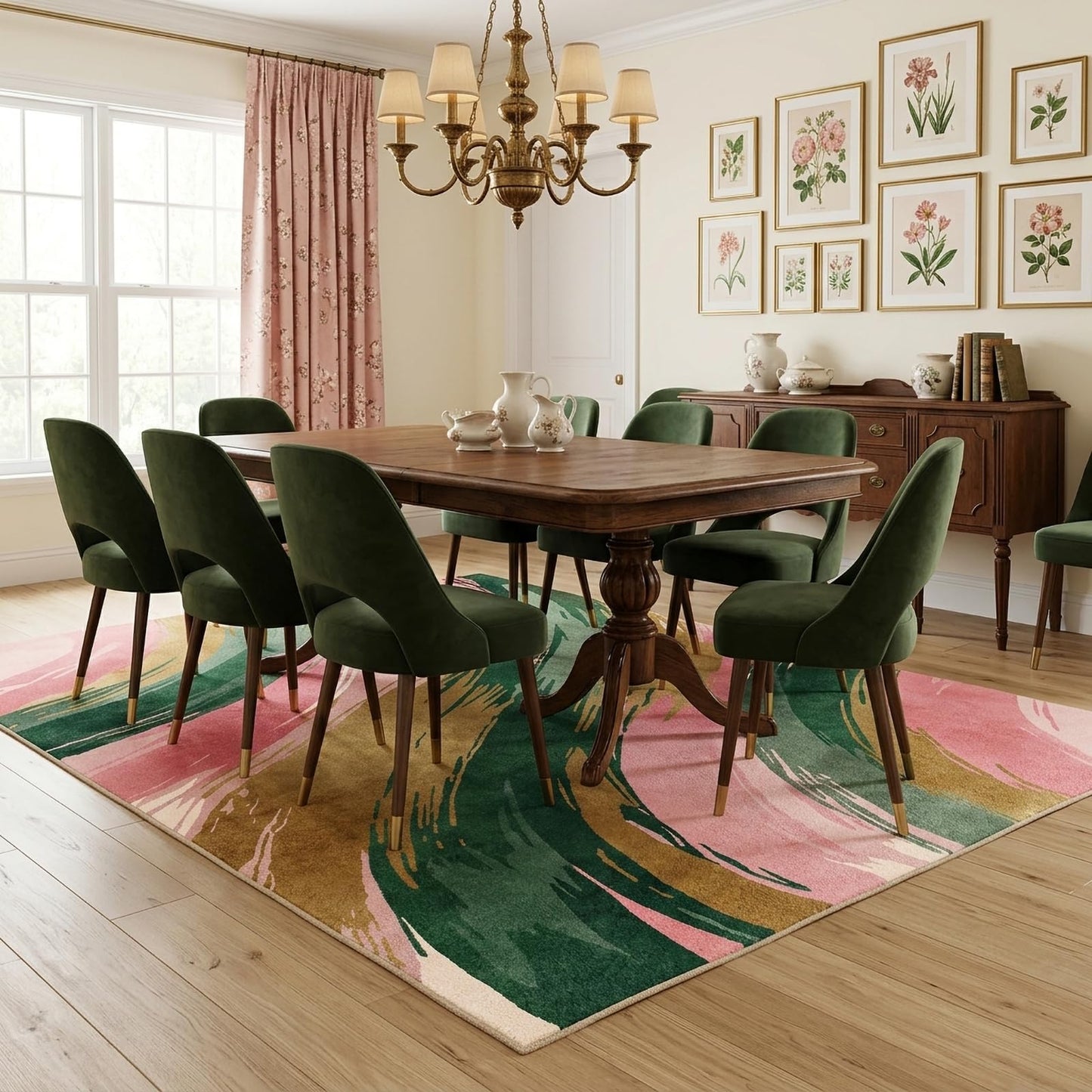 BreezeRise 5x7 Area Rugs for Living Room: Boho Pink and Green Gold Modern Abstrac Rug Brushstroke Gradient Washable Non-Slip Backing for Living Room Bedroom Leisure Area Decor