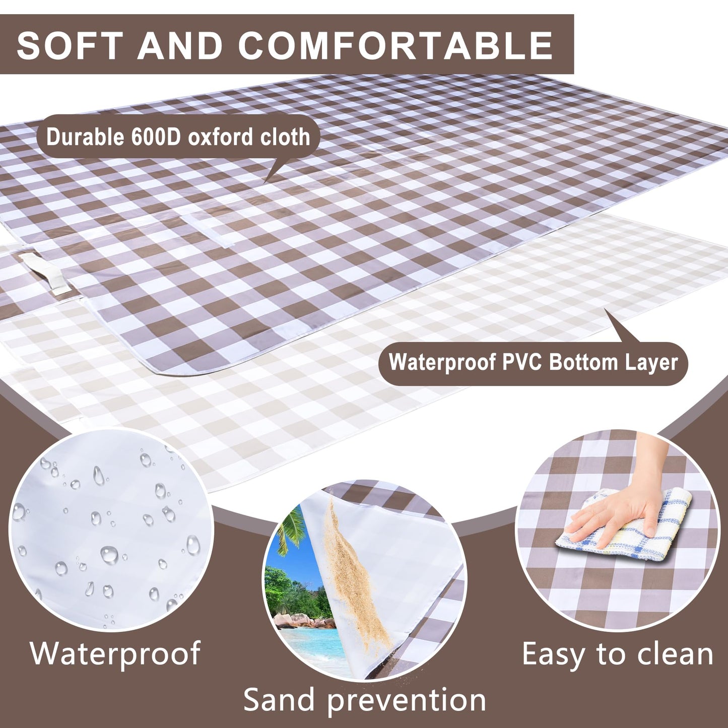 ALLBFENG 80"x60" Waterproof Sandproof Picnic Mat - Portable Foldable Outdoor Blanket for Beach, Park, Travel & Indoor Use - Lightweight Compact Design, Easy-Carry (Light Brown)