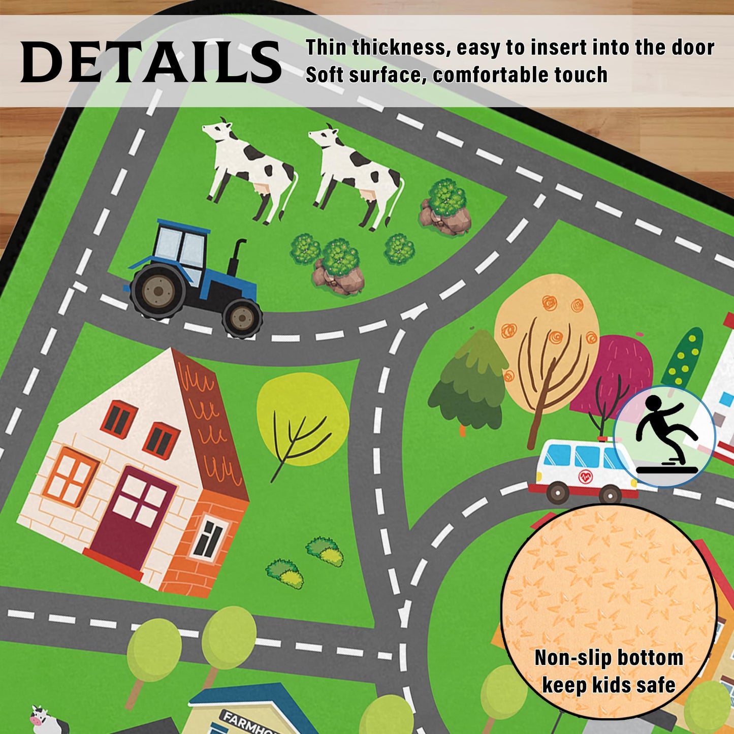 Kids Play Mat Rug, 36"x24" Low Pile City Road Traffic Carpet, Educational Toddler Playmat with Farm & Vehicle Scene, Non-Slip Washable Floor Rug for Playroom Bedroom Nursery, Ideal Gift for Boys Girls