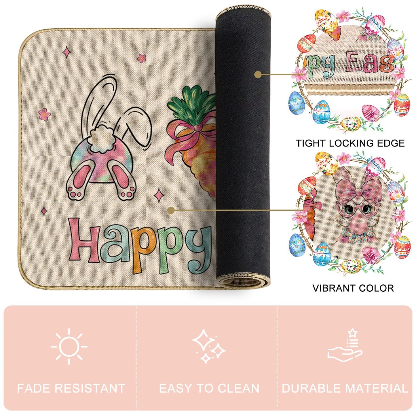 Mocsicka Easter Door Mat Bunny Eggs Welcome Doormat for Indoor Outdoor Spring Floor Mat Entry Welcome Rug Non-Slip Washable for Porch Front (Beige, 16x29inch)