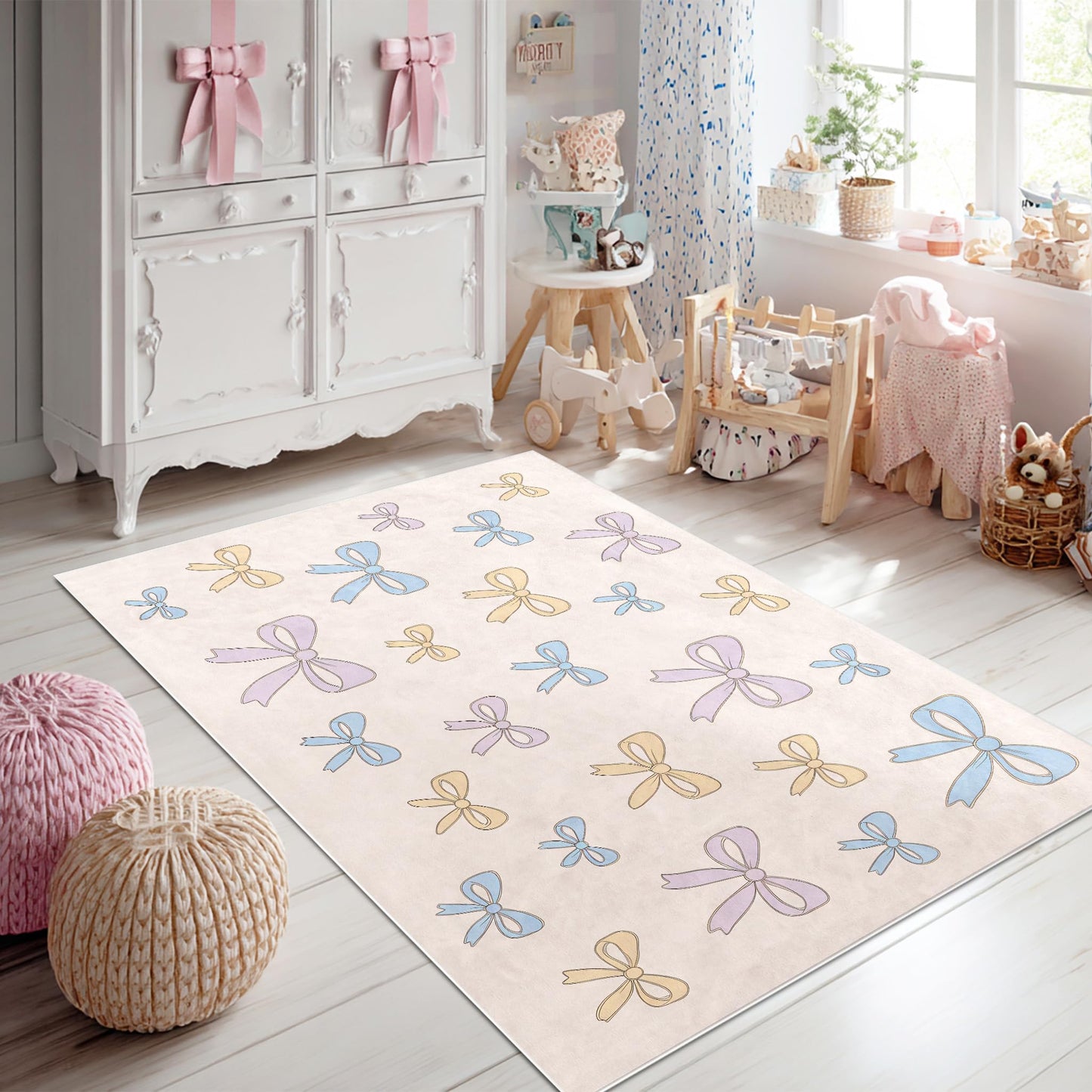Bildenly 3x5 Area Rug with Bow-Knot Pattern, Washable Rug for Girls Bedroom, Non-Slip Small Living Room Carpets, Baby Bedside Indoor Rug, Stylish Decor for Girl Couples Pet