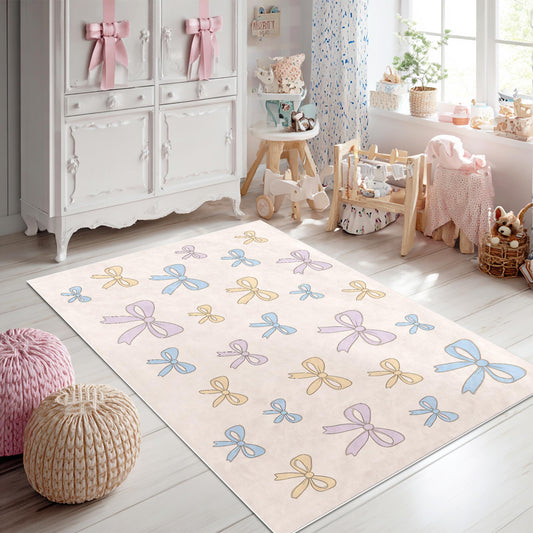 Bildenly 3x5 Area Rug with Bow-Knot Pattern, Washable Rug for Girls Bedroom, Non-Slip Small Living Room Carpets, Baby Bedside Indoor Rug, Stylish Decor for Girl Couples Pet